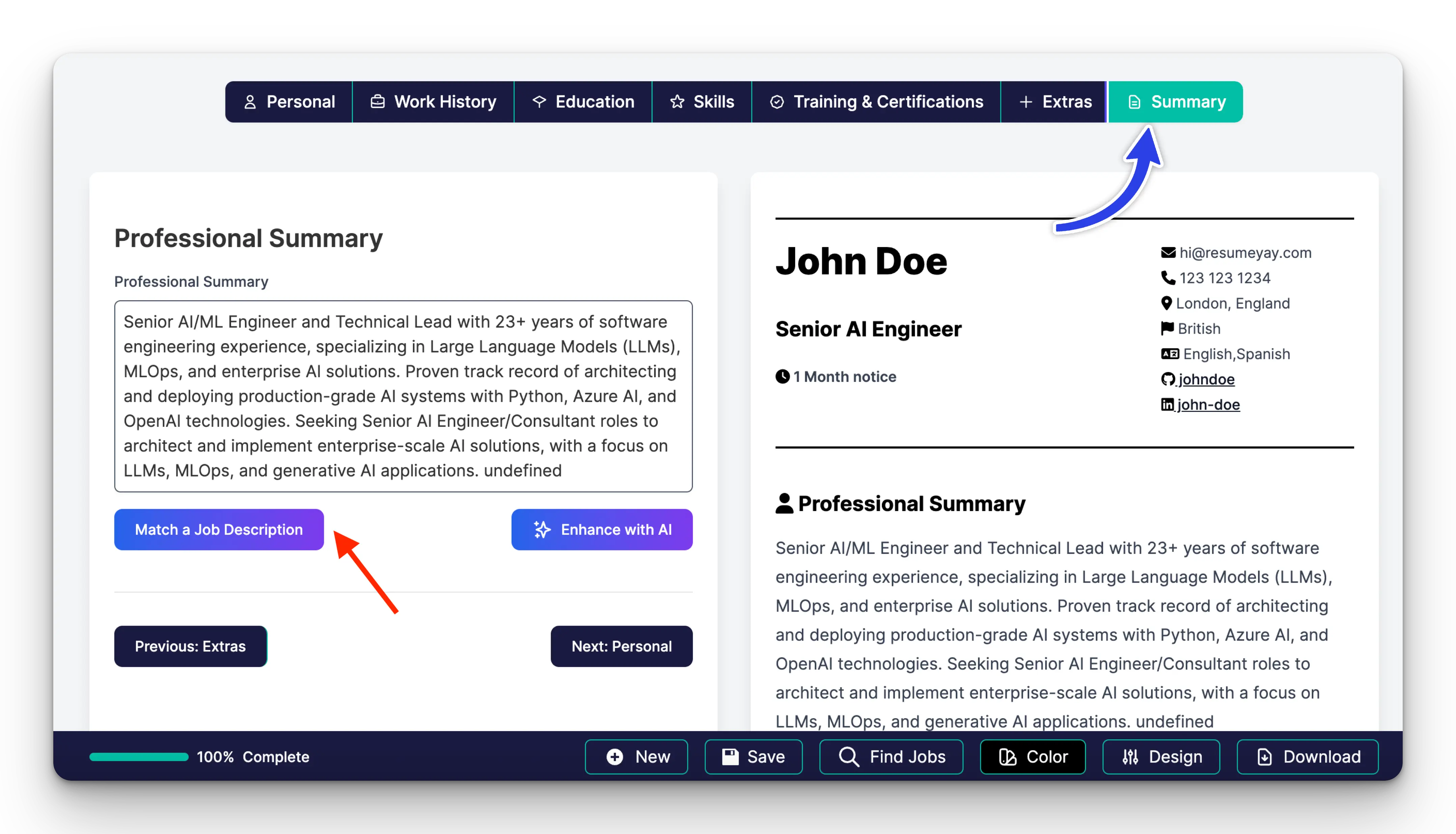 Go to Summary Section, and click on Match a Job Description